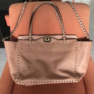 Valentino Garavani Rockstud leather nude/tan tote, gold studs, flip lock close.
